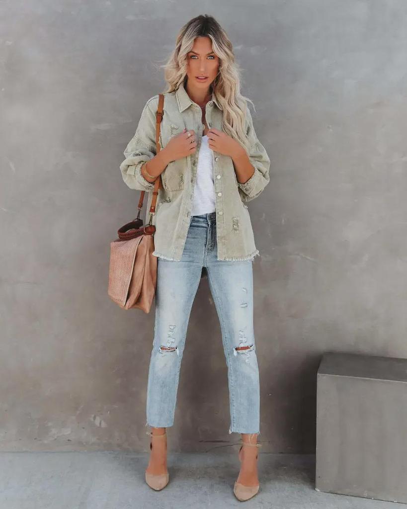 European/American Retro Denim Jacket - Women's Lapel Long-sleeve Streetwear with Raw Edge and Distressed Details.