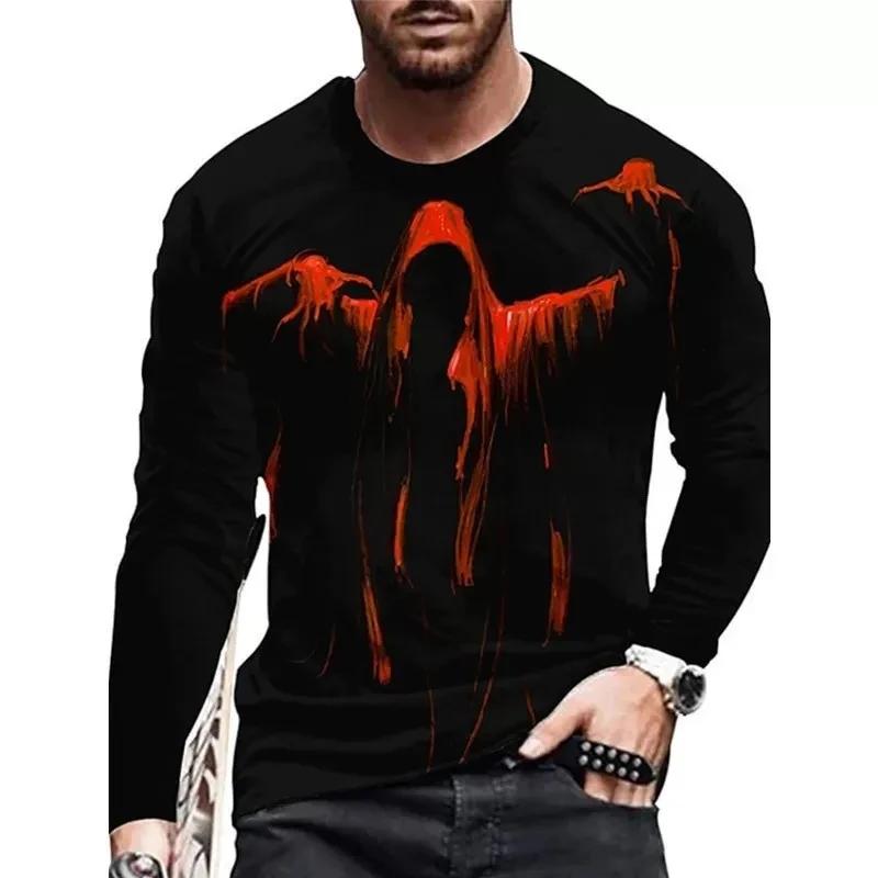 Round Neck 3D Skull Printed Top Fashionable Long Sleeved Men's T-shirts - Soft Medium Stretch Polyester Fabric Spring and Autumn Relaxed Fit Clothing