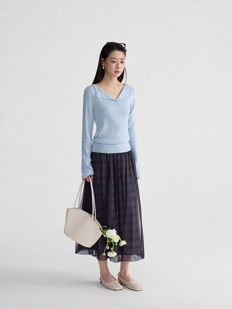 Ge Ming Retro Plaid Mesh Patchwork A-line Mid-length Skirt for Women - Spring Style