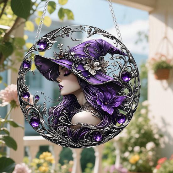 Halloween Witch Black Cat Hanging Sign 2D Flat Acrylic Broom Witch Round Sign Indoor Outdoor Porch Door Hanger Wall Hanging Decoration