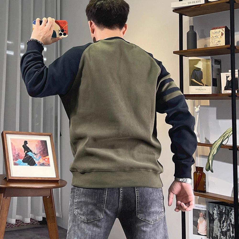 Contrast Color Round Neck Pullover Bottoming Shirt American Retro Splicing Shoulder Long Sleeve Sweater Men's Autumn Wear