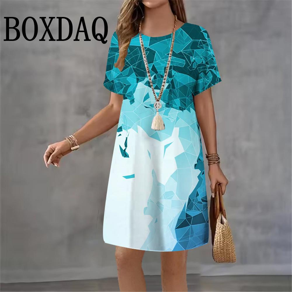2026 Summer Abstract Dress 3D Print Streetwear Women's Elegant Fashion Loose Short Sleeve Dresses Female Tie Dye Woman Clothing