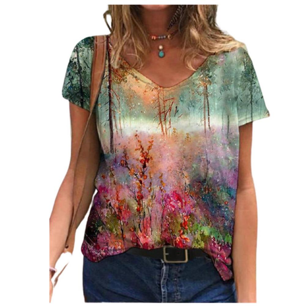 Casual Summer T-shirt 2025 New Women's 3d Floral Print T-shirt Ladies Street Wear Short-sleeved V-neck Top