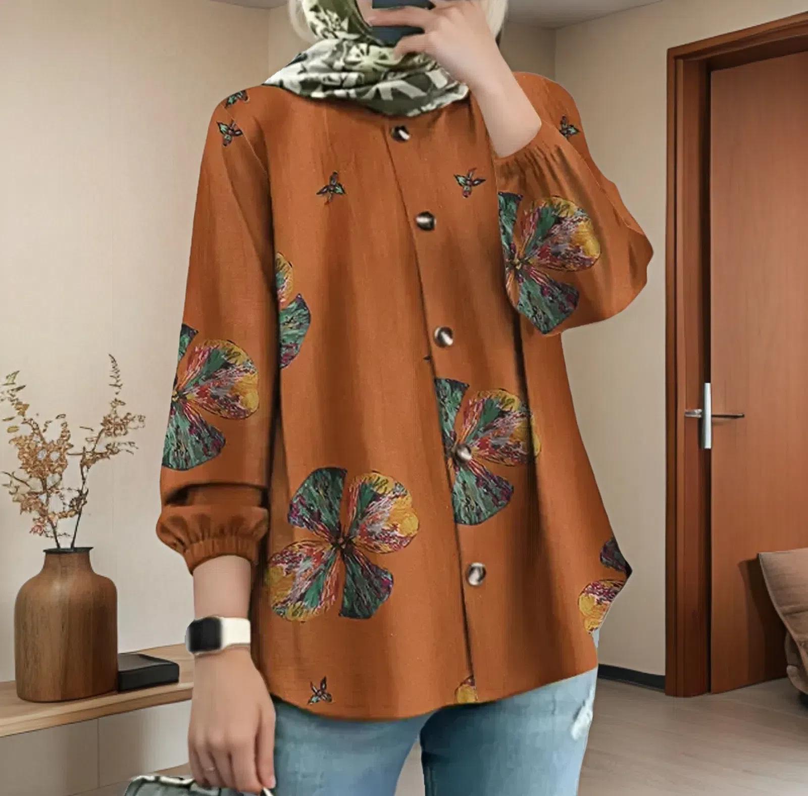 

Women s Muslim Print Bubble Sleeve Casual Loose Shirt XXXL помаранчевий
