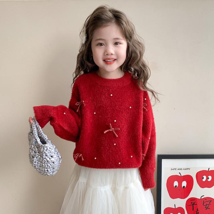Meng Tang Tang 2025 Winter Girls' Mink Velvet Knit Sweater - Korean Style New Year Outfit
