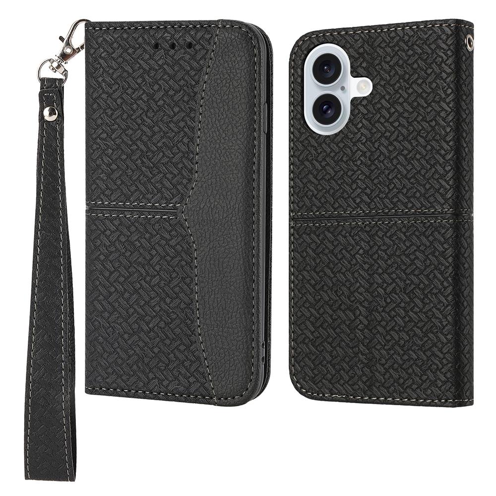 For iPhone 17 Case Woven Texture PU Leather Wallet Phone Cover with Wrist Strap