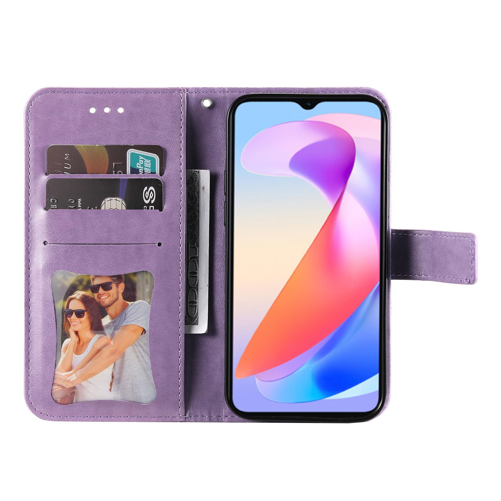 

For Honor X6a 4G Case Floral Pattern PU Leather Wallet Stand Phone Cover Purple