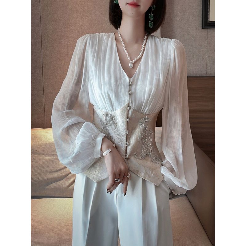 

Нарядная светская львица Элегантные шелковые топы с рукавами-фонариками Женская приталенная рубашка в стиле пэчворк с V-образным вырезом из шелка тутового дерева в дворцовом стиле Весна White S