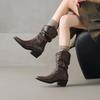 Soft Leather Zhao Ruth Pointed Pile Boots Short Boots Women's Retro High Heel Western Cowboy Knight Boots Martin Boots
