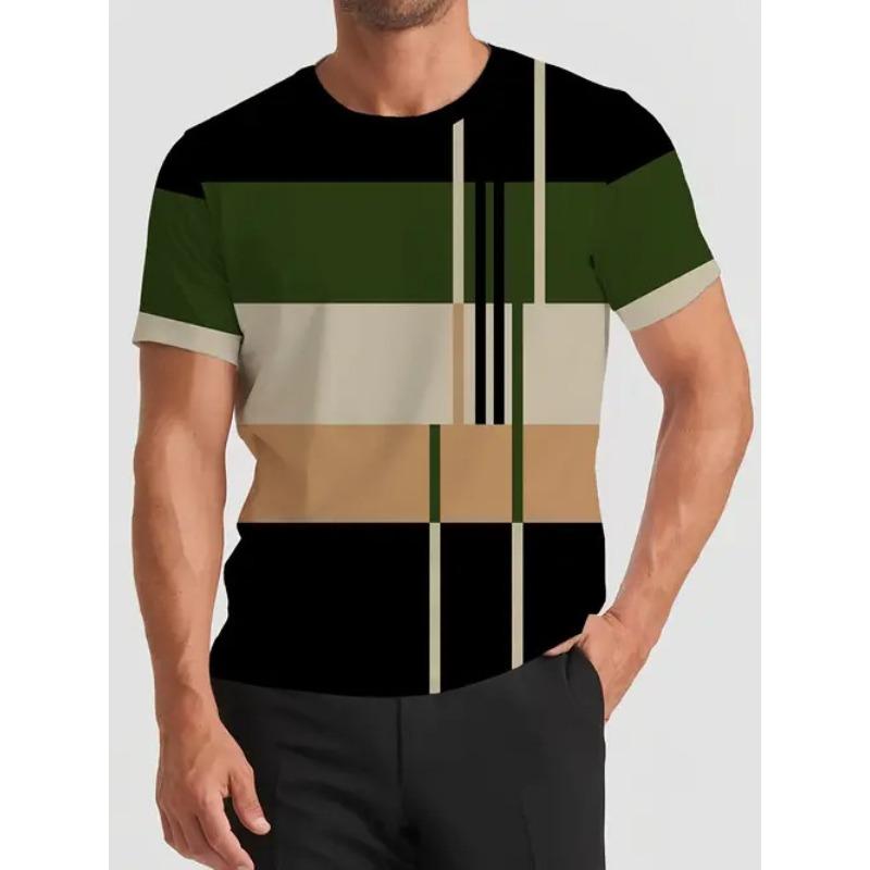 Pánské ležérní pruhované tričko s digitálním 3D potiskem, kulatým výstřihem a krátkým rukávem, ideální letní a ležérní oblečení