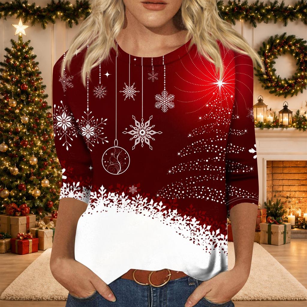 Women's Casual Three-Quarter Sleeve Neck Christmas Print Top