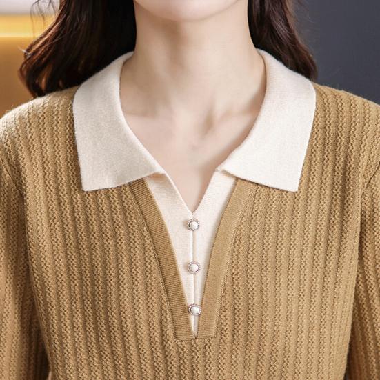 Women Sweater Fake Two-Piece Design Lapels Long Sleeve Fitted Casual Top Autumn