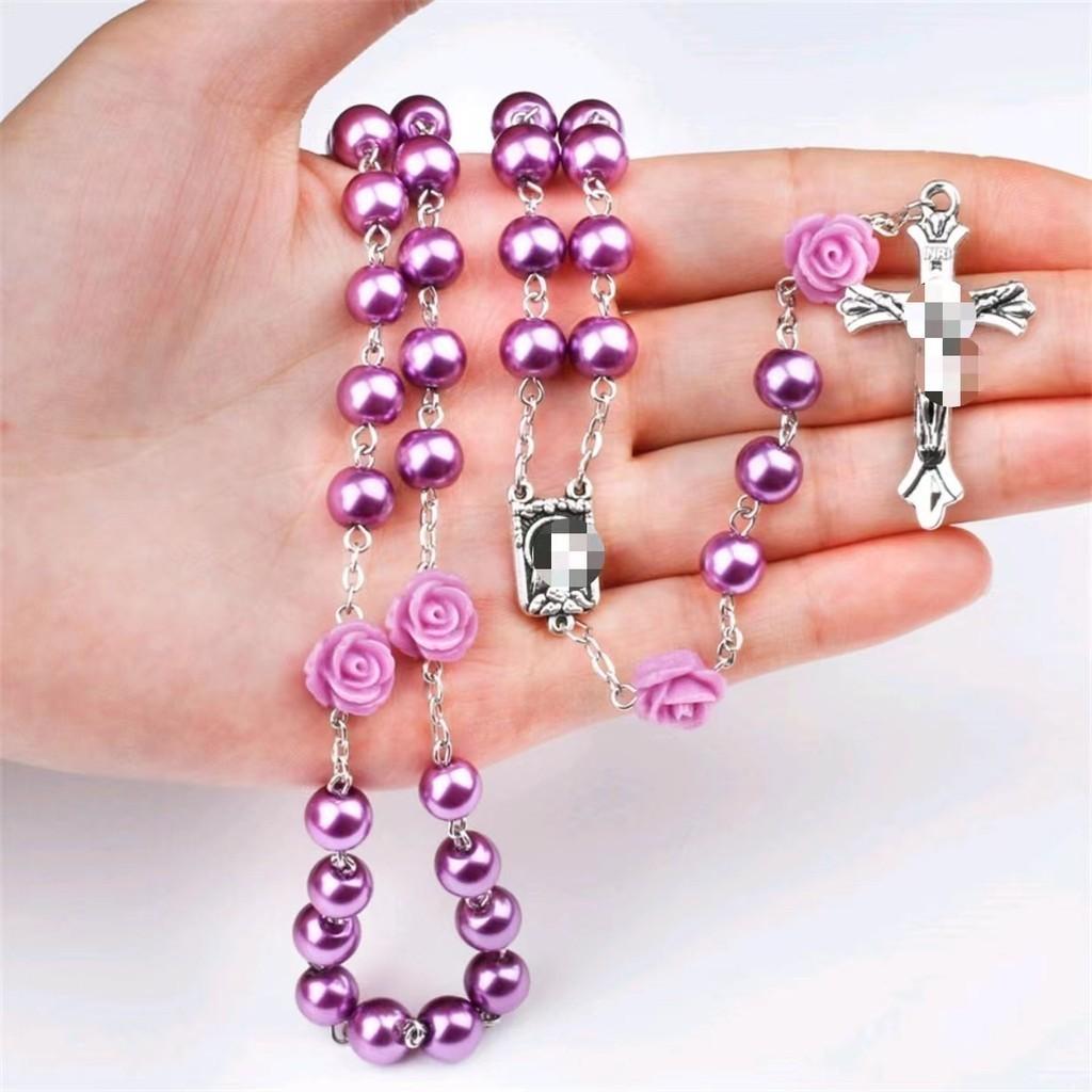 Roses Women Round Bead Necklace Cross Pendant Alloy Material Valentine Gift Day