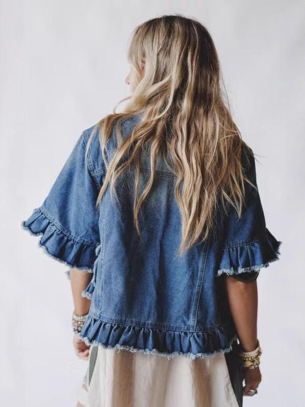Autumn Women's Ruffle Hem Tassel Denim Top
