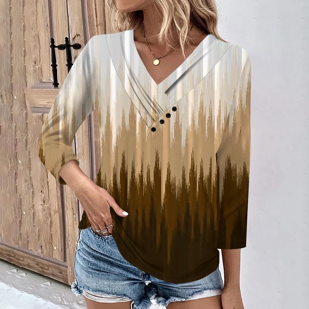 Womens 3/4 Sleeve Daily Weekend V Neck Casual Printed Tshirts Loose Fit Pleated Tees Ladies Blouse