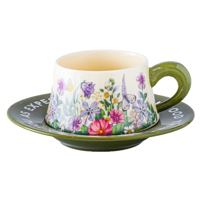 Retro Idyllic Coffee Cup Saucer Antique Oil Painting Green Lily Of The Valley Ceramic Cup Saucer Afternoon Tea Cup