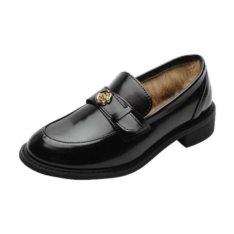 Inner heightening velvet loafers soft leather camellia gold buckle small leather shoes female British style one pedal thick heel single shoes