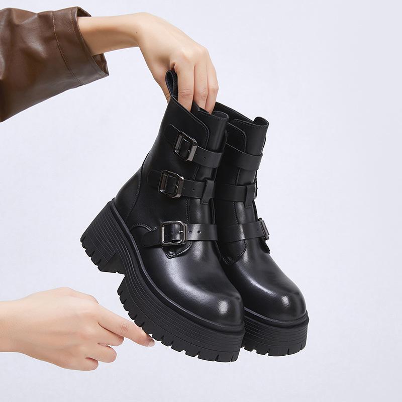 Leather Martin Boots Women's 2025 New Winter Fleece Warm Thick-soled Medium Boots Black Retro Versatile Short Boots