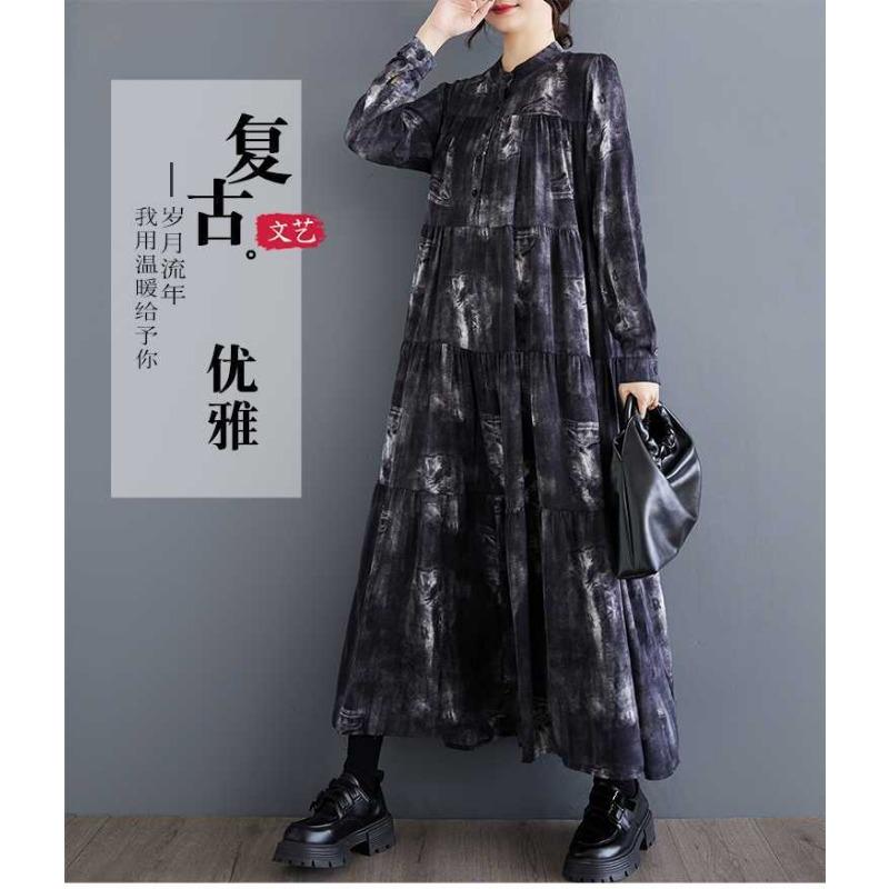 Nowe Sukienki w Dużym Rozmiarze, Luźne, Cienkie, Modne, z Długim Rękawem, Drukowane, o Długości Midi