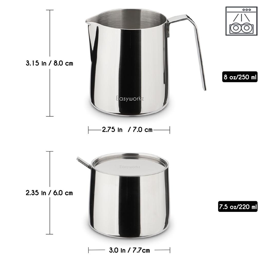 Easyworkz Stainless Steel Creamer and Sugar Bowl Set with Stackable Spoons, (Chrome)