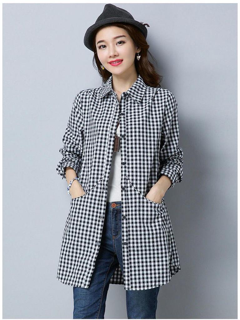 2024 Women's Korean Style Plaid Cotton Long Sleeve Loose Casual Shirt - Plus Size, Mid-Length