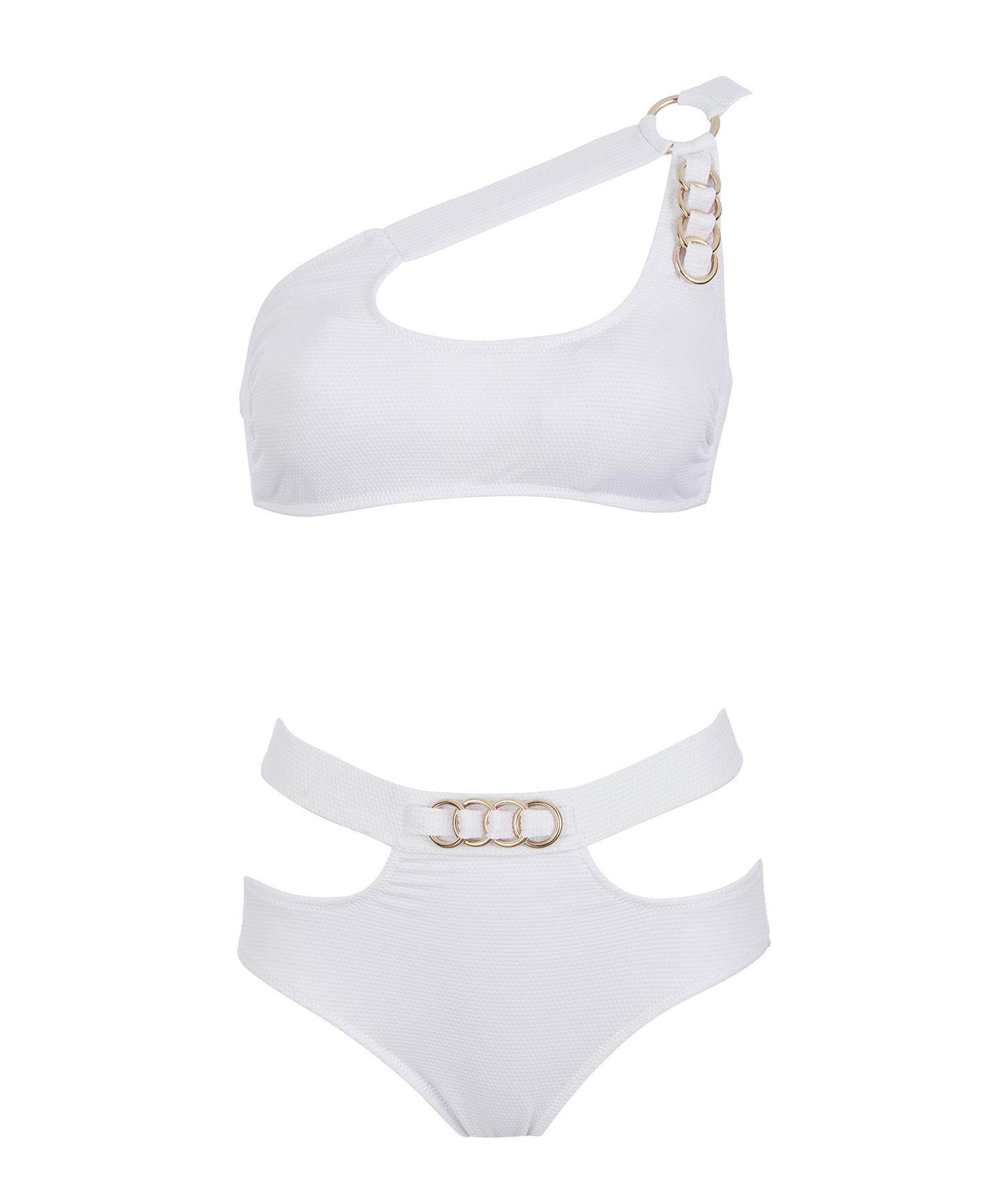 

Women s White One Shoulder Ring Bikini Set