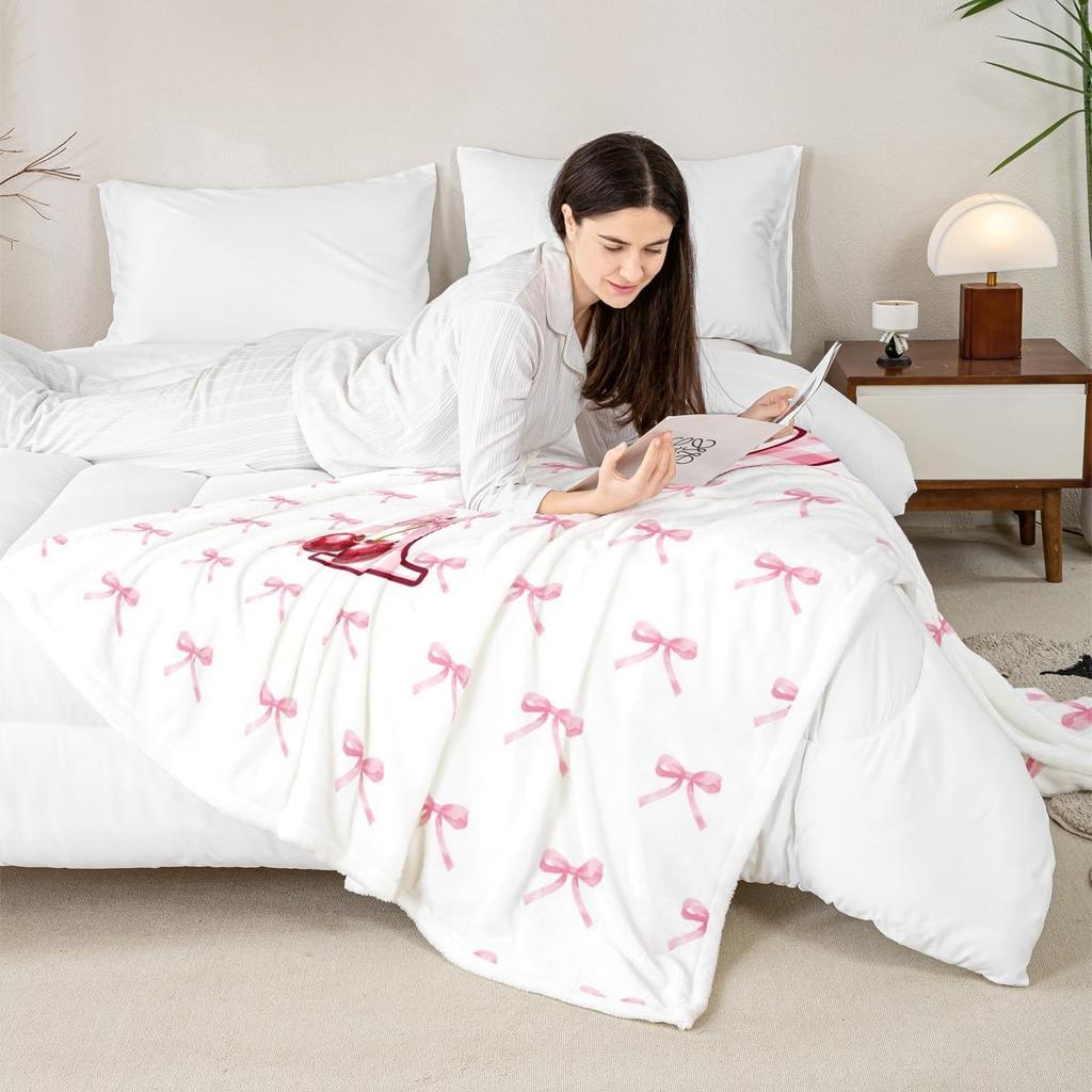 Erosebridal Initial P Letter Bowknot Fleece Blanket Throw Pink Bow Tie Cherry Sherpa Blanket Princess Coquette Decor Fuzzy
