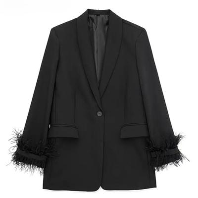 Women Fashion Satin Black with Feather Blazer Jacket Vintage Notched Neck Single Button Long Sleeves Female Outfits