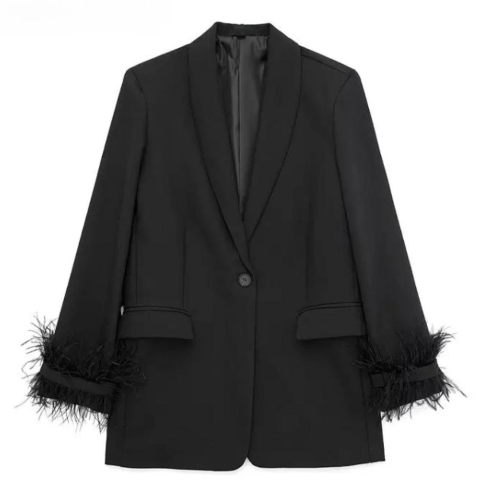 

Женская мода атласный черный с перьями пиджак пиджак винтажный вырез на одной пуговице длинные рукава женские наряды S чёрный