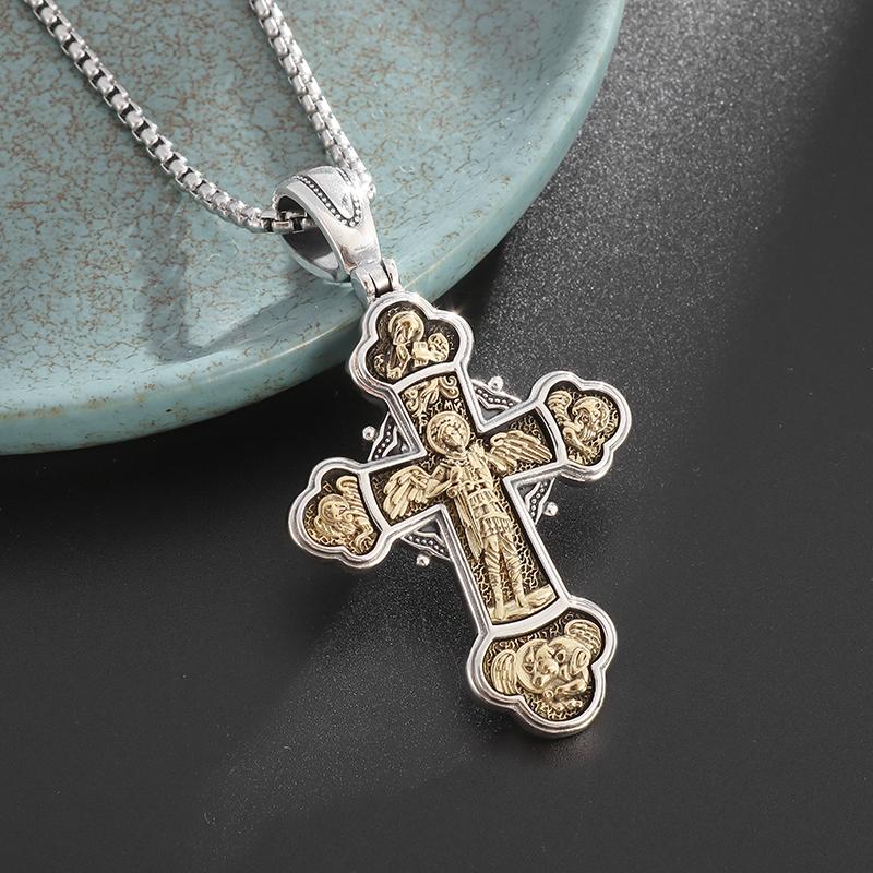 Archangel Michael Cross Pendant Vintage Catholic Necklace Men's and Women's Religious Prayer Faith Amulet Jewelry