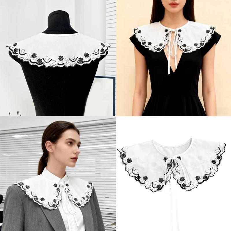 Embroidered Lace Flower Faux Collar Shawl Wrap with Adjustable Tie Design for Women Girl Formal Event and Daily Outfit