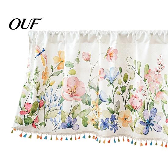 Watercolor Botanical Curtains Wildflowers Blossom Oven Skirt, Floral Valance Curtain with Colorful Tassels, Rod Pocket, Farmhouse Cabinet Stove Skirt