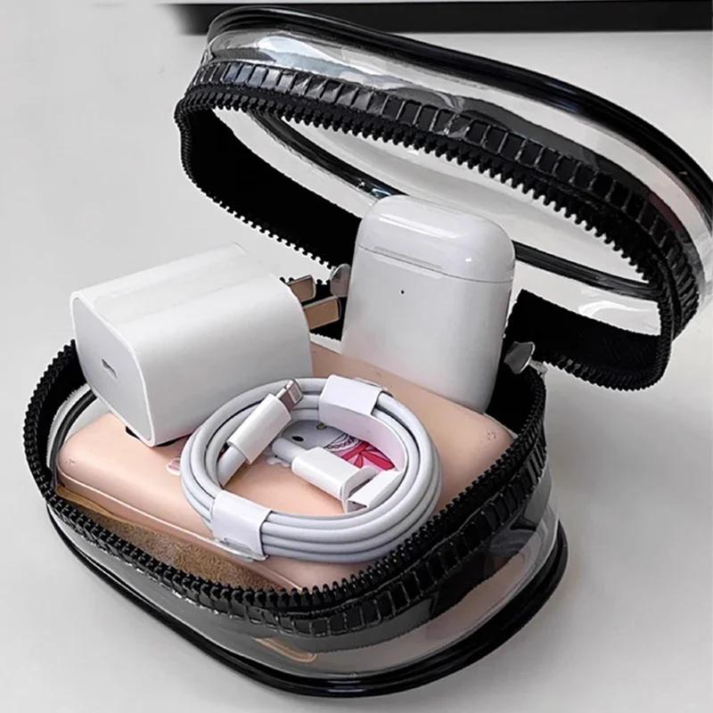 Portable Data Cable Storage Bag Mini Transparent Zipper Bag with Keychain for Earphone Coin Purse Lipstick Bags Pouch Organizer