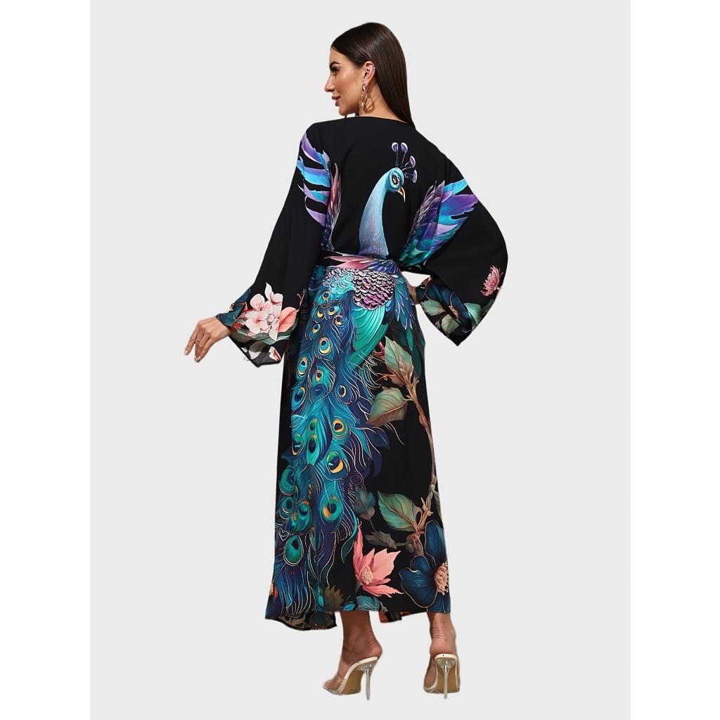 Beach Kimono Cover Ups for Women Plus Size Black Peacock Printed Summer Holiday Bathing Suits with Belt