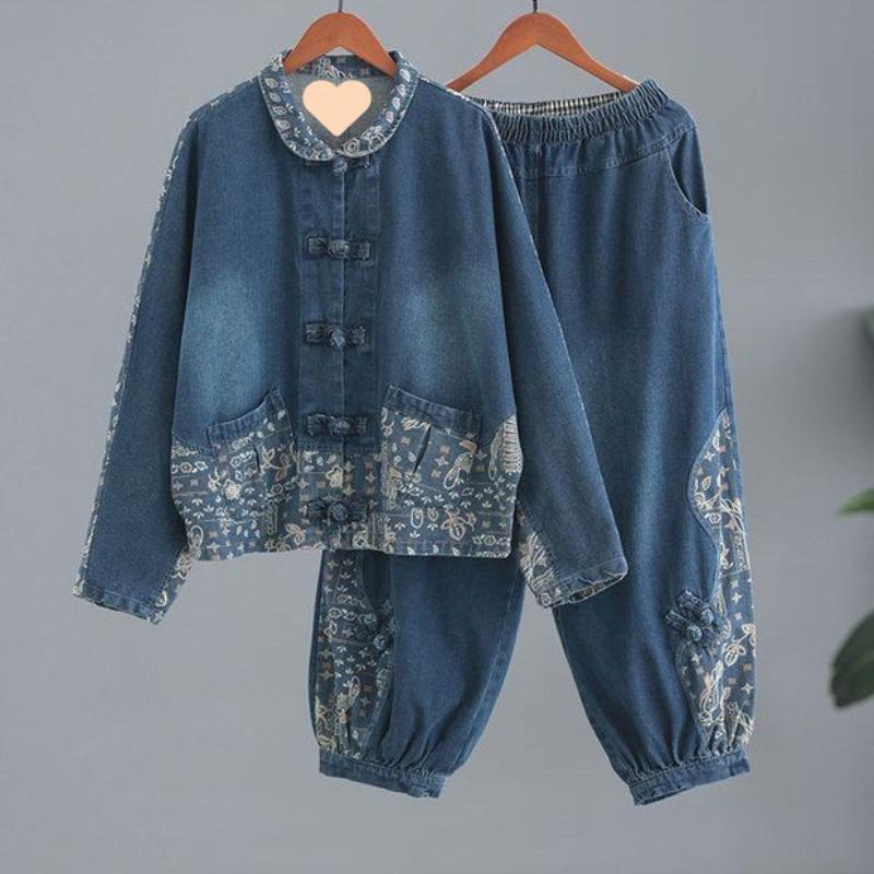 Γυναικείο Σετ Τζιν Δύο Τεμαχίων Άνοιξη Φθινόπωρο Vintage Αγκράφα Μοτίβο Τζιν Κοστούμι Γυναικείο Μεγάλο Μέγεθος Παντελόνι Σετ 2 Τεμαχίων