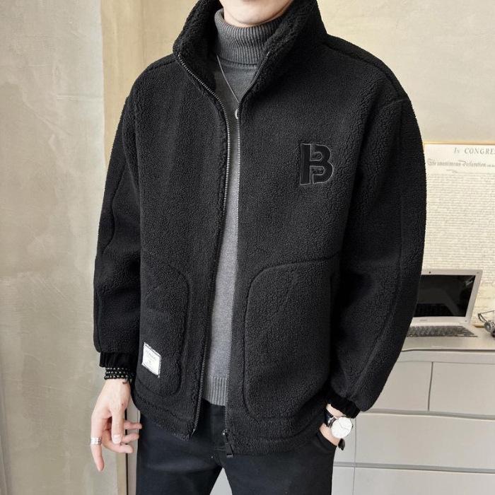 2025 Men s Trendy Lambswool Winter Jacket, Stand Collar, Plus Velvet Thickened Coat M