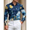 Men's Blue and Yellow Flower Printed Long Sleeve Shirt with Flip Collar Flower Shirt, Vacation Casual Trendy Men's Top