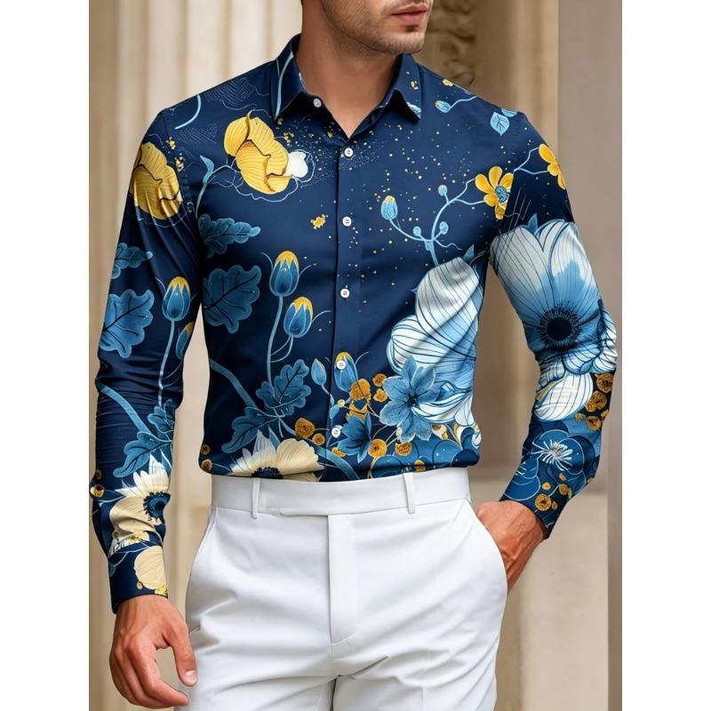 Men's Blue and Yellow Flower Printed Long Sleeve Shirt with Flip Collar Flower Shirt, Vacation Casual Trendy Men's Top