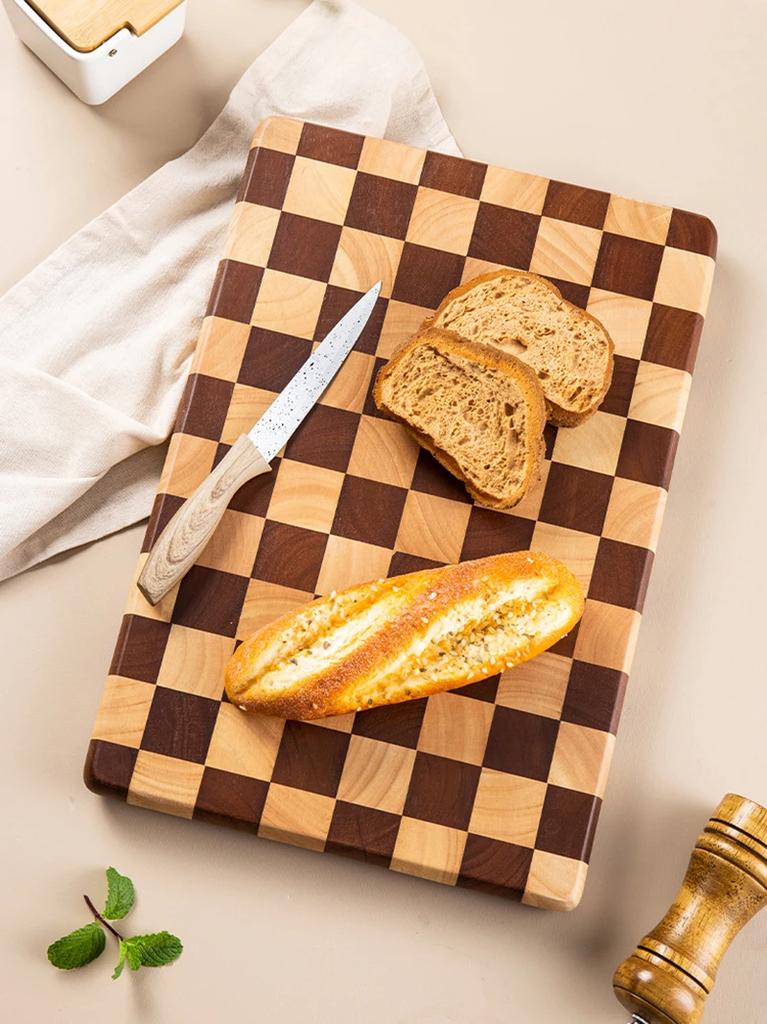 Acacia Wood Kitchen Board, Natural Splicing Checkerboard Texture Chopping Board Solid Wood Kitchen Board Non-Slip Knife Board