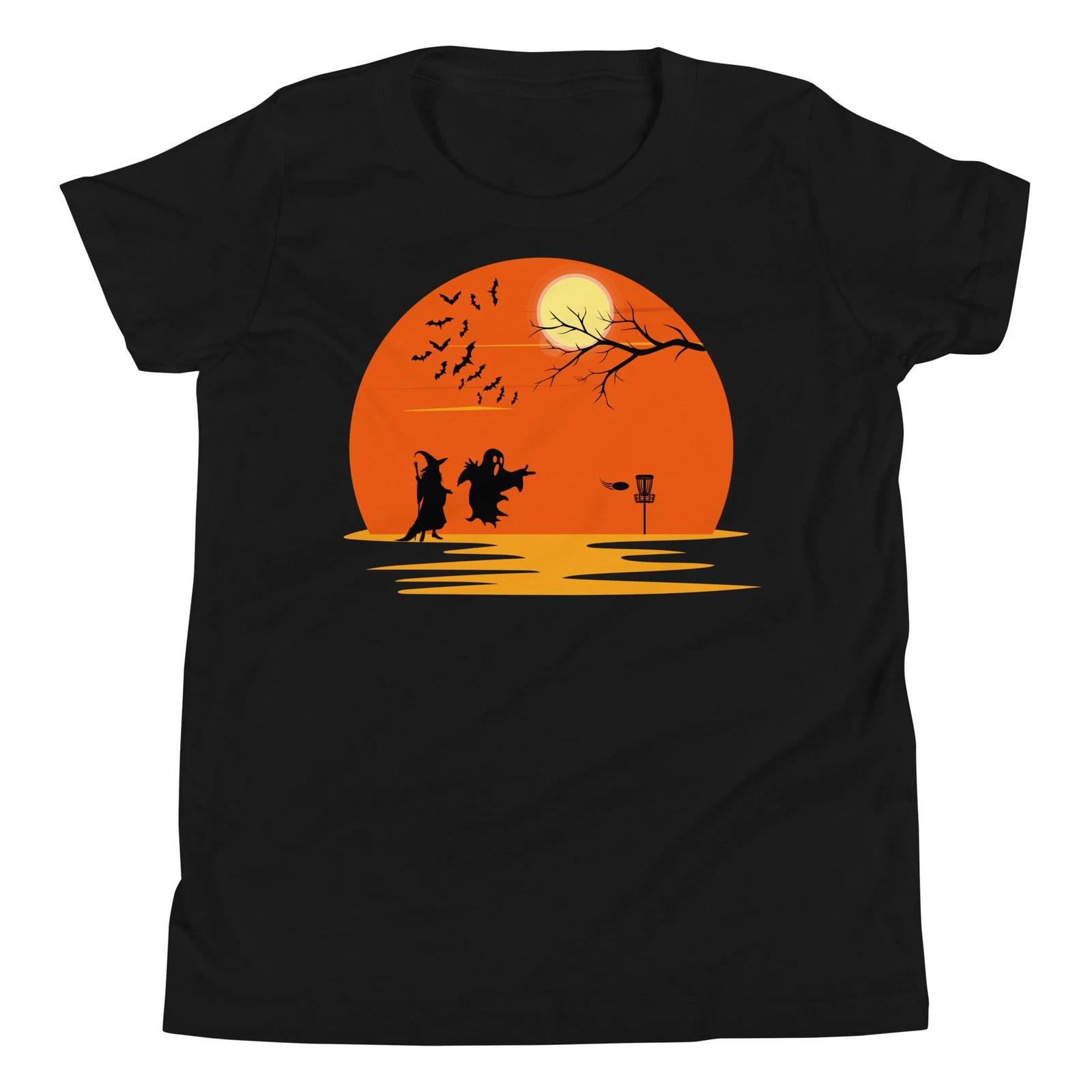 Ghost and Witch Playing Disc Golf Halloween Costume Sunset Youth T-Shirt 150