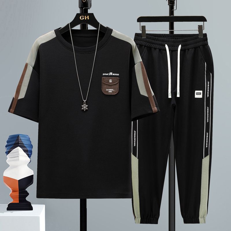 

Летний мужской костюм с короткими рукавами, молодежный свободный модный красивый повседневный спортивный костюм из двух частей S чёрный