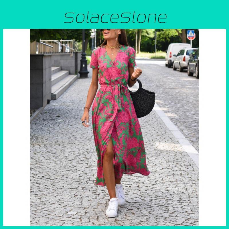 Euro Style Short Sleeve V Neck Printed Dress With High Waist For Summer Streetwear