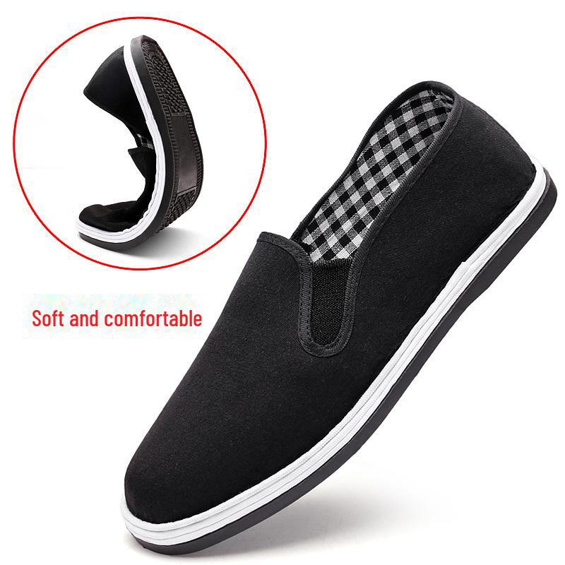 Men's Black Canvas Shoes with Yellow Oxford Tire Sole and Elastic Slip-On Design