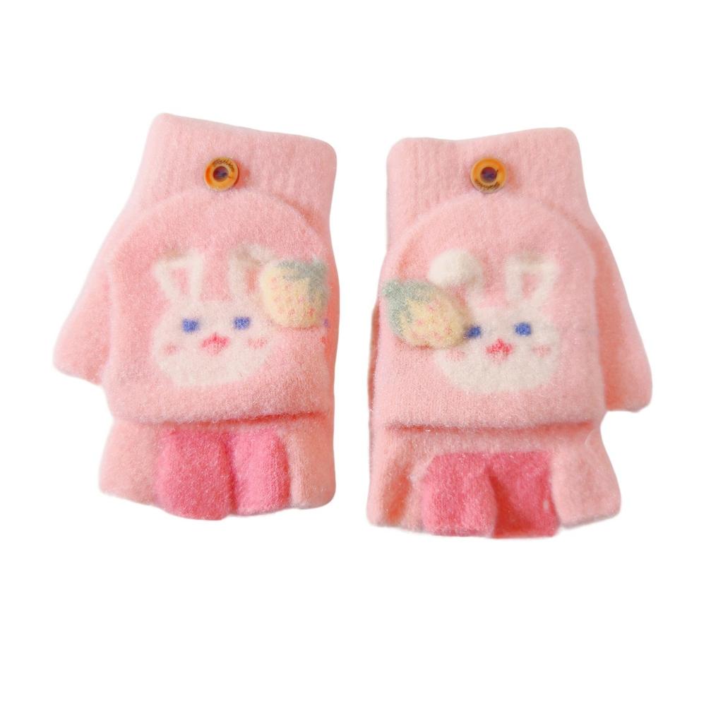 Girls' Cartoon Strawberry Rabbit Flip-Top Gloves - Warm Half-Finger, Autumn/Winter for Kids and Toddlers