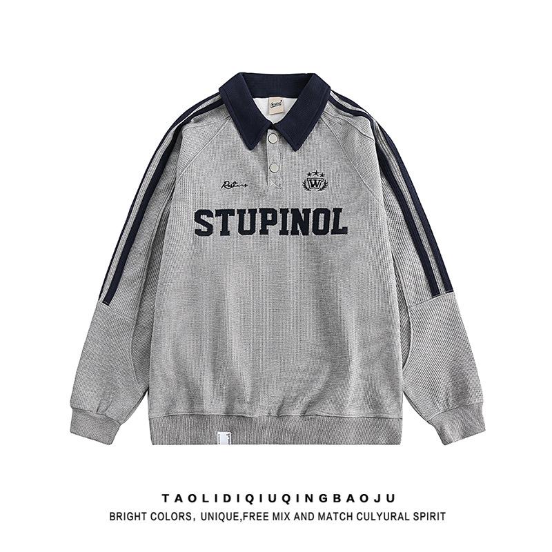 

Женский ретро преппи вафельный свитер поло с полосатыми рукавами реглан - Свободный крой, Повседневный стиль для пар L (Suggested 100-125 jin) серый