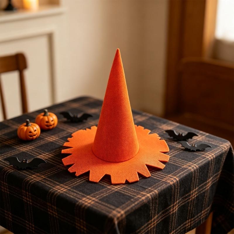 Halloween-Hexenhut für Erwachsene mit hoher, strukturierter Form und eckigem, breitem Rand, faltbare Polyester-Kostümkopfbedeckung