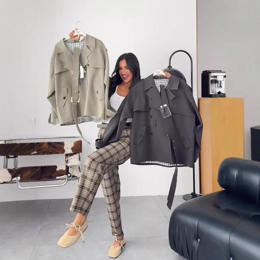 2025 cross-border European and American women's clothing Amazon V-neck long-sleeved button-down workplace casual pants trench coat fashion suit