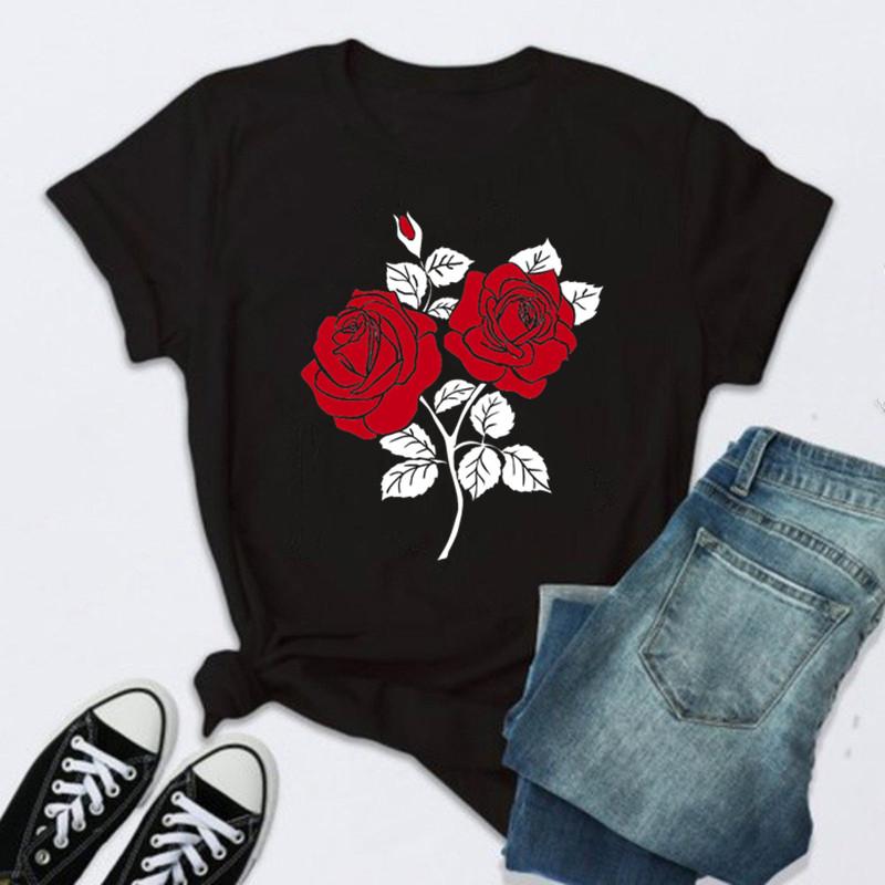 Women Rose Print Black T Shirt Female 2026 Valentine New Tshirt Fashion Short Sleeve Tee Tops Harjauku Cute Tshirt Graphic Y2K