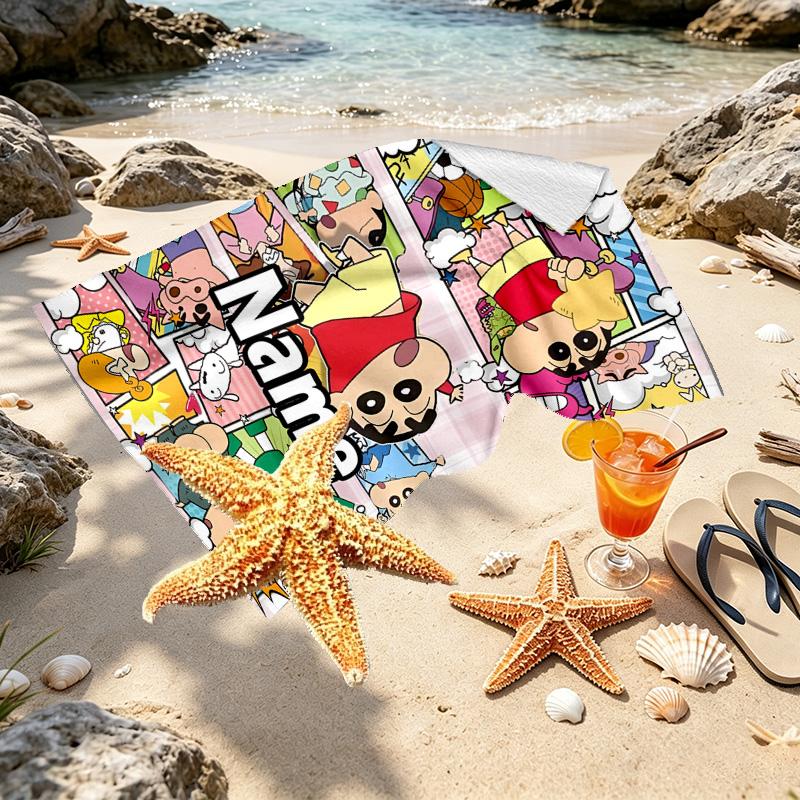 Custom Name Personalized Crayon Shin Print Beach Towel, for Trip Camping Beach Party Home Decor, Birthday Gift for Family & Friends
