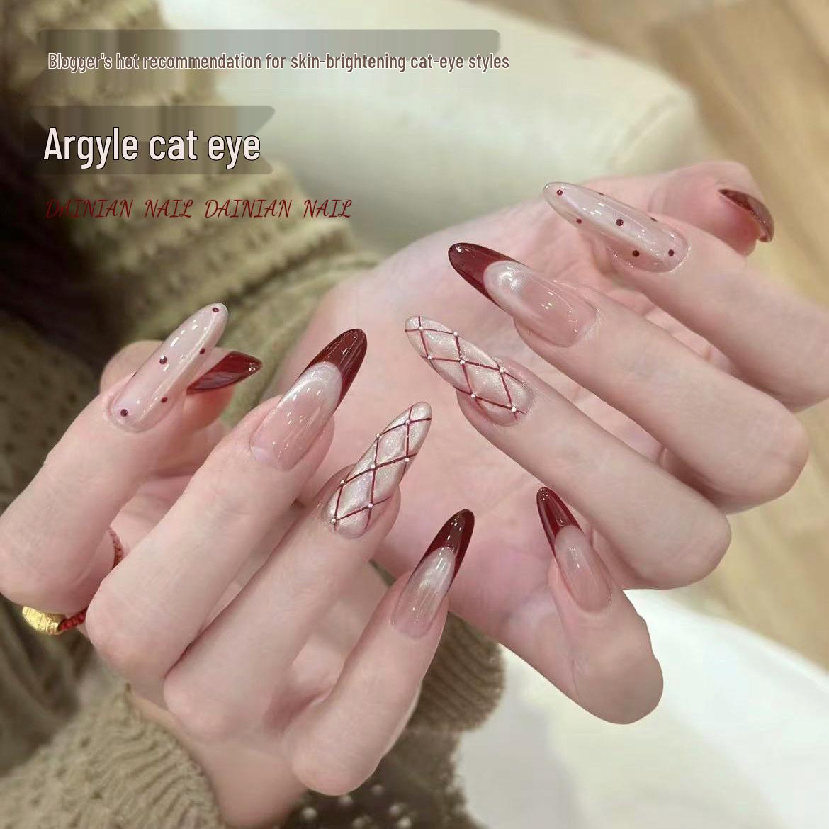 

French Manicure Wine Red Plaid Hot Style Cat Eye Press-On Nails